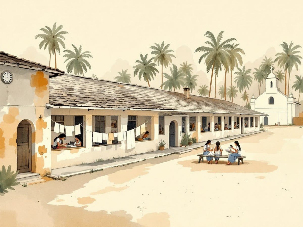 An illustration of girls studying on the verandah of a hostel in a church compound.