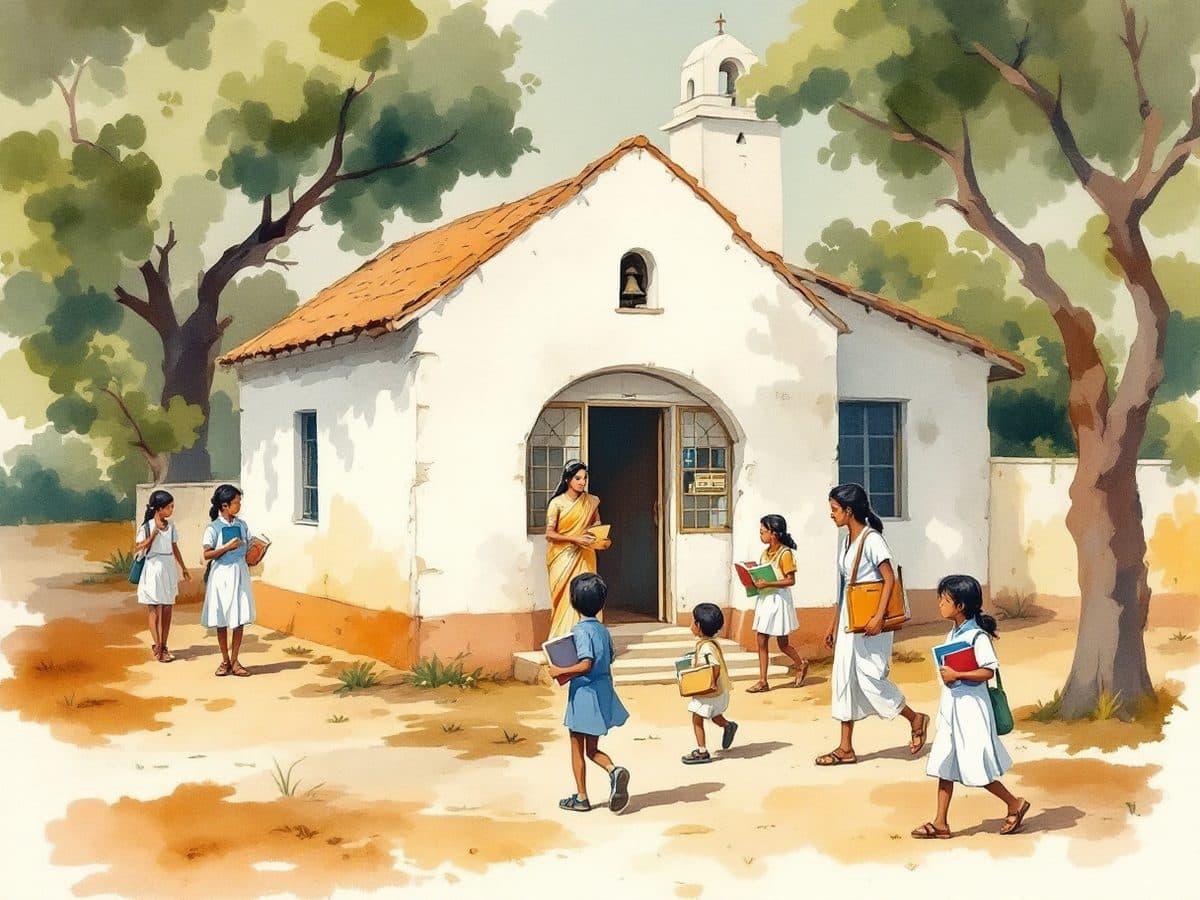 An illustration of children in uniform arriving at a whitewashed mission school.