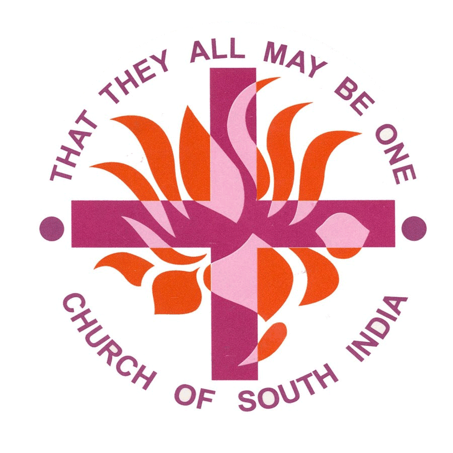 The emblem of the Church of South India: a cross through a lotus, with tongues of flame, inside the words “That they all may be one · Church of South India”.
